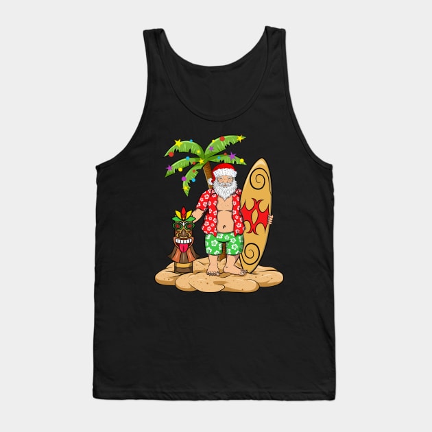 Hawaiian Christmas Santa with Surfboard and Tiki Tank Top by silentsoularts